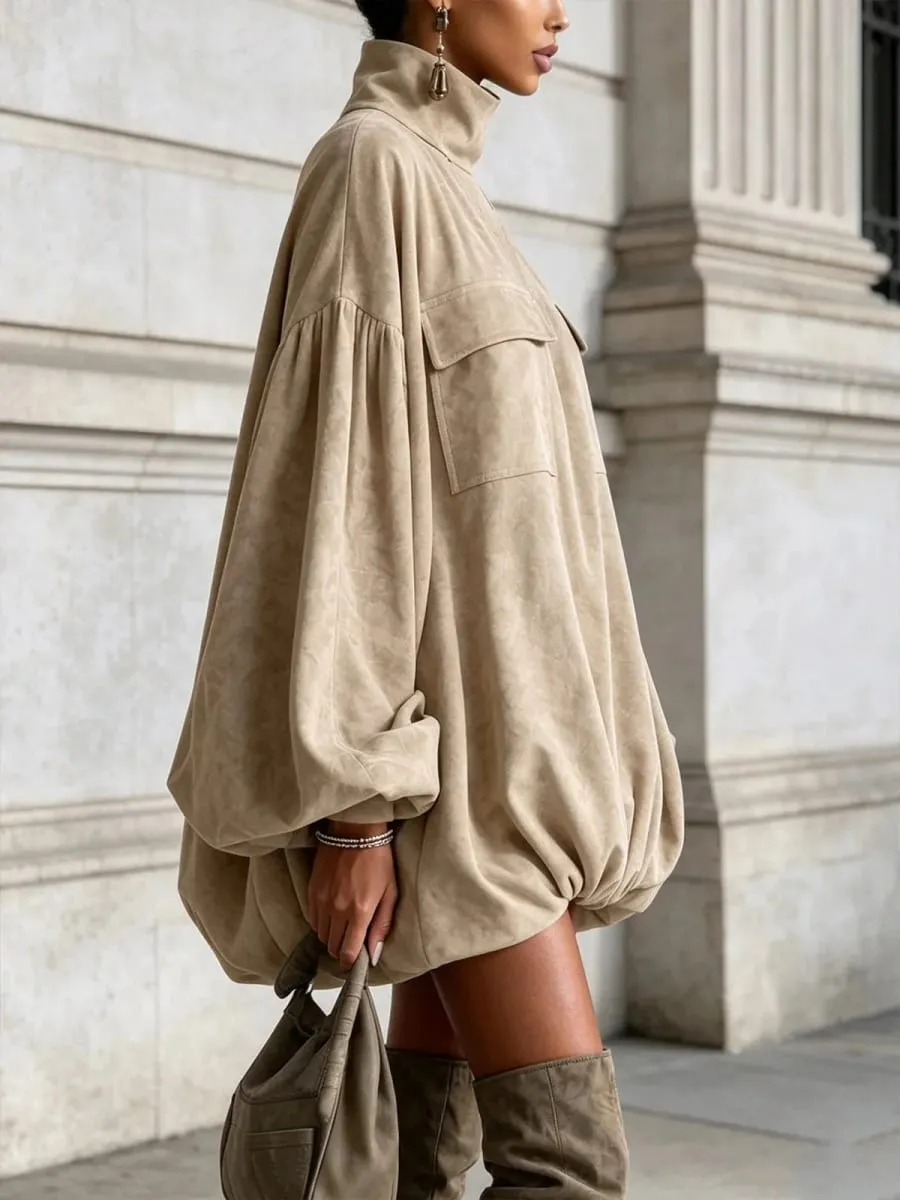 Autumn Winter Turtleneck Mini Dress Women Elegant Lantern Long Sleeve Loose Straight Short Dress Casual Streetwear Dresses — image 2