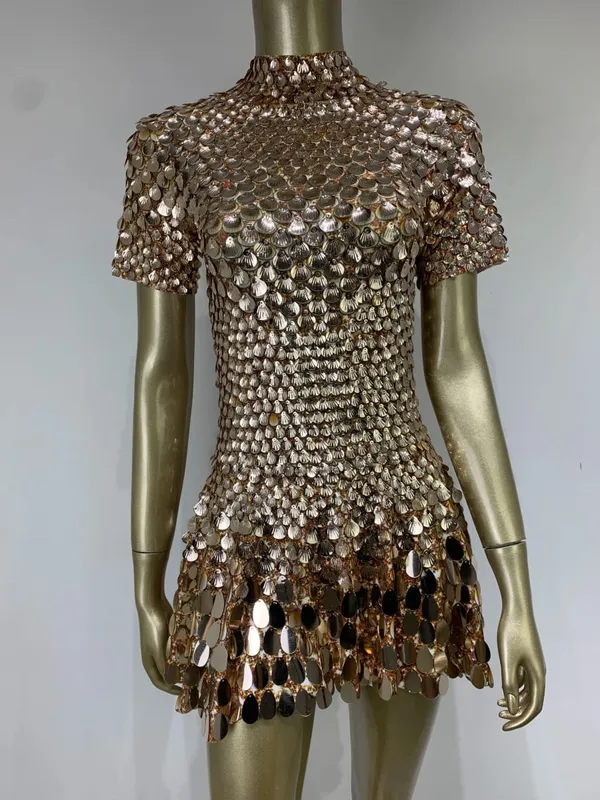 Estate donna moda mezzo collo alto manica corta sirena lucida paillettes mini abito club abito discoteca costume da spettacolo teatrale