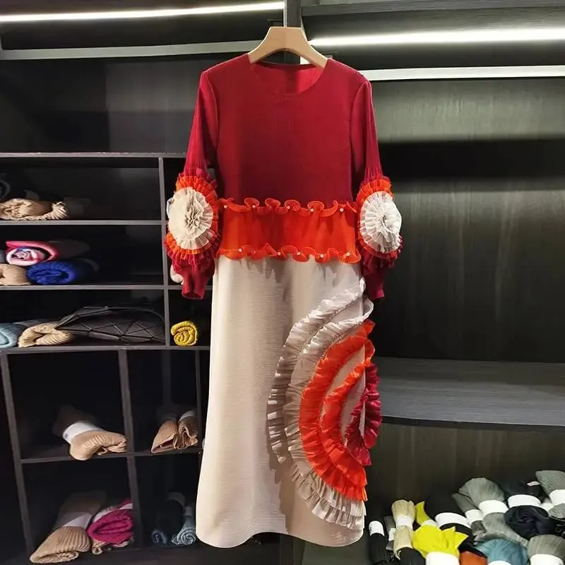 Pleated Tie Flower Long Sleeve Women's Dress Chic New Loose Colorblock Patchwork Design Beading Famale Clothing 2DB6651 — image 4