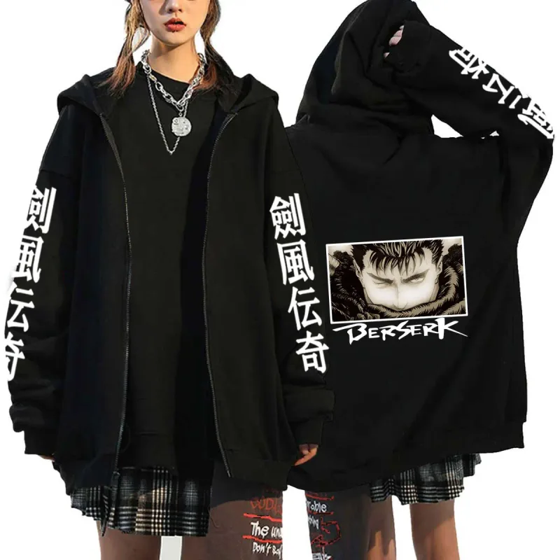 Berserk Rits Hoodies Mannen Vrouwen Lange Mouw Sweatshirt Fleece Oversized Jassen Grappige Berserk Japanse Anime Streetwear — image 5