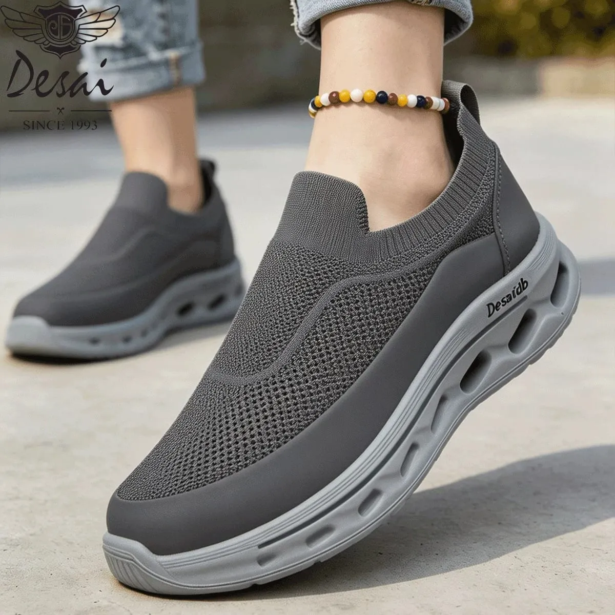 Desai Men's Wide Width Slip-on Knit Sock Sneakers Hollow-out Sole Breathable Lightweight Walking Shoes Daily Commute Outdoor