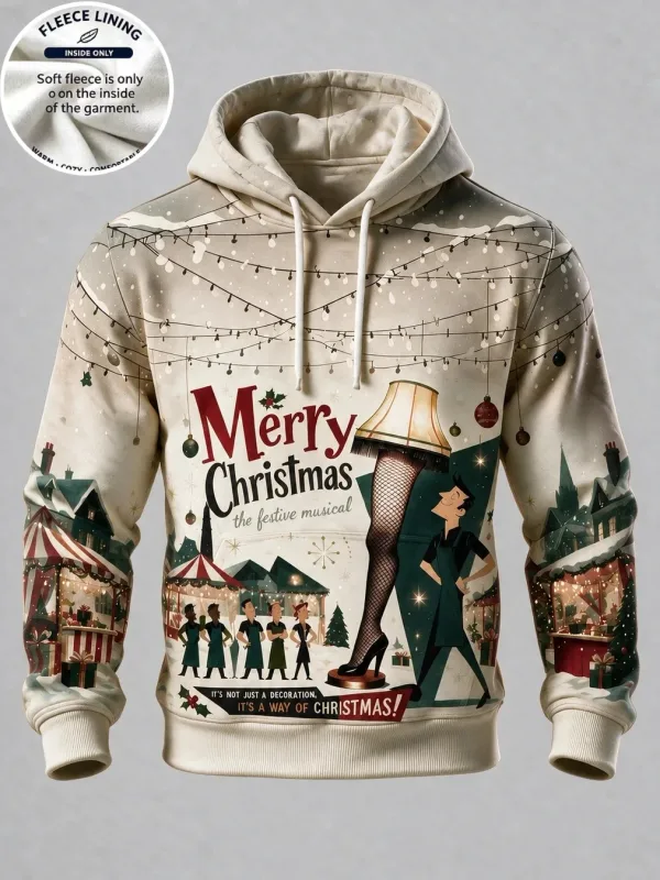 3D Print Christmas Fleece Hoodie Funny Santa Blowing Christmas Tree Pullover Long Sleeve Kangaroo Pocket Xmas Sweatshirt