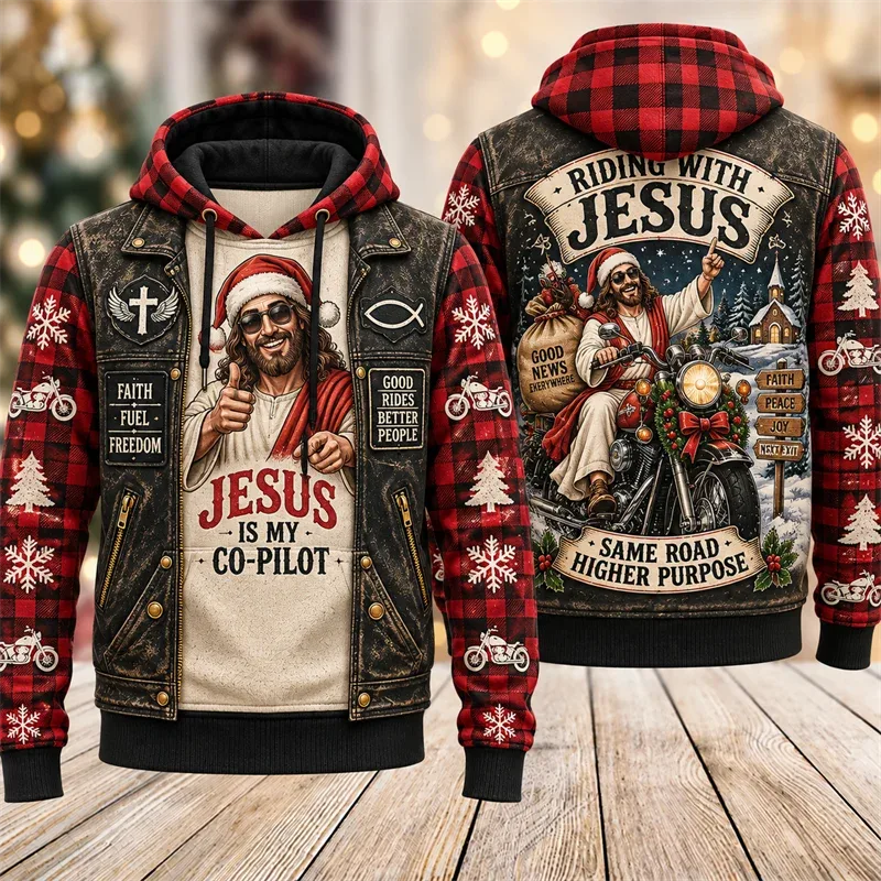 Funny Jesus Christmas Biker Hoodie 3D Graphic Motorcycle Rider Vintage Holiday Pullover Winter Streetwear Party Casual Gift — image 8