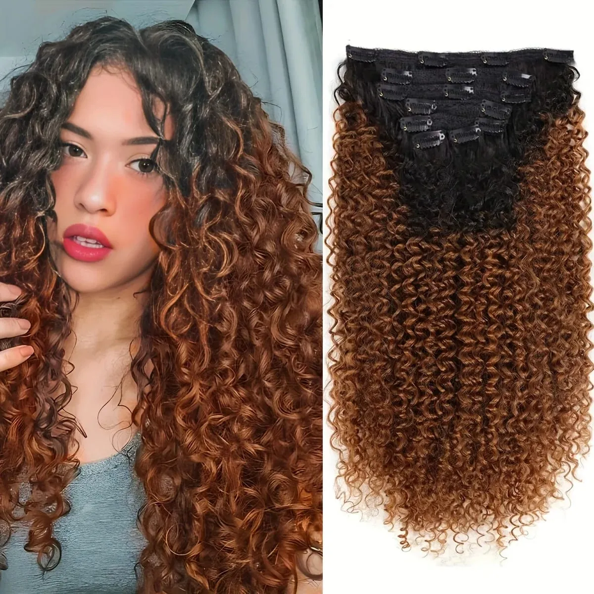 Synthetic Curly Clip in Hair Extensions Kinky Curly Hairpieces Clip on Full Head Fake Pieces Black Brown Hair for Women — image 7