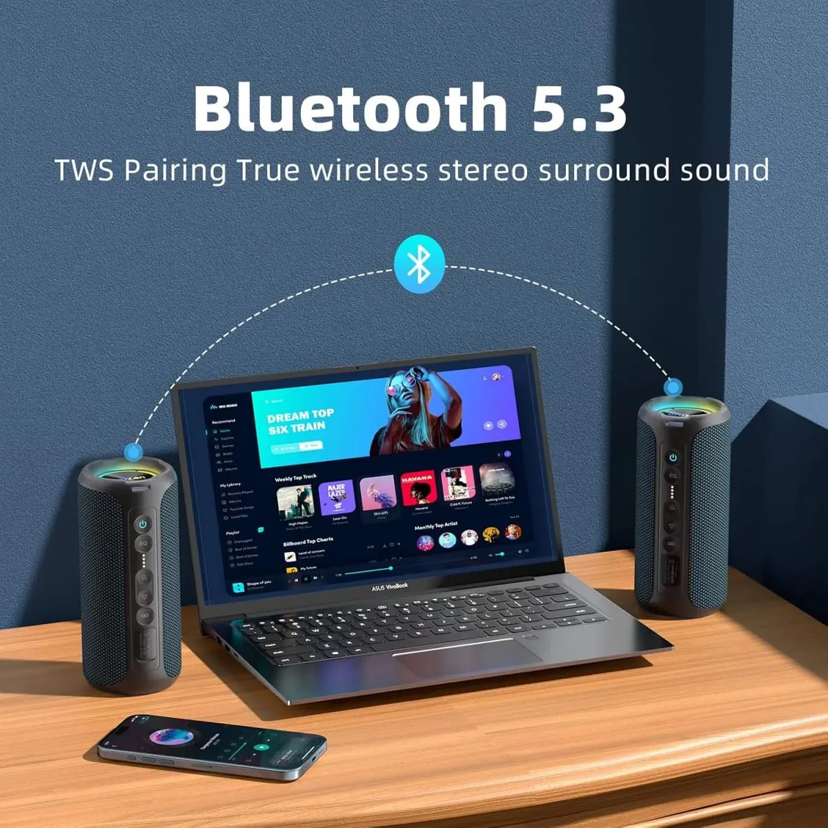 Ortizan Bluetooth-luidsprekers 40W TWS draagbare luidspreker met stereogeluid Bass Bluetooth 5.3 Draadloos USB Type C Buiten 6600mAh batterij