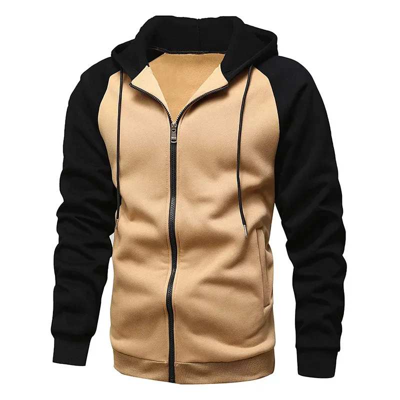 Sweat-shirt à capuche en polaire pour hommes, manches longues, fermeture éclair, mode, blocage des couleurs, veste cintrée, manteau — image 3