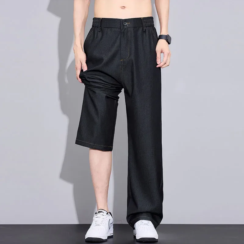 Men's Summer Lyocell Thin Wide Leg Jeans Ice Silk Cool Breathable Elastic Waist Casual Streetwear Denim Pants Daily Wear for Men