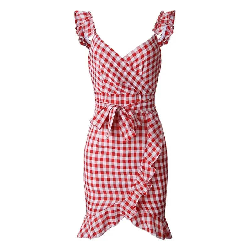Nako-customize na Plaid Lace Up Bodycon Dress Women Ruffles Summer Dress Off Shoulder V Neck Backless Irregular Bow Tie Dresses — image 5
