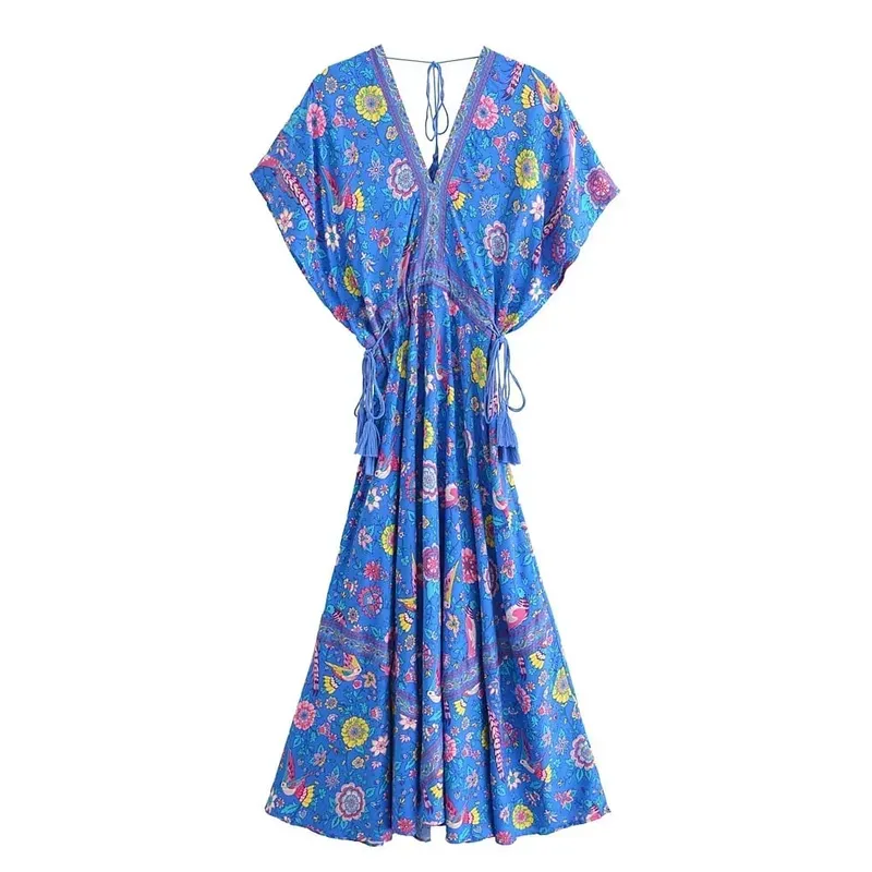 Boho Queens Wanita Merak Bunga Cetak Lengan Kelawar Pantai Bohemian Maxi Gaun Wanita V Leher Rumbai Gaun Musim Panas Vestidos — image 8