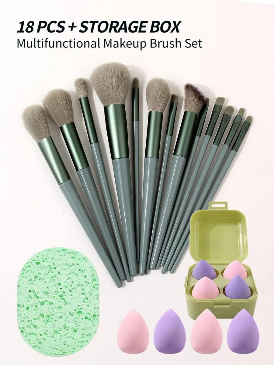 19Pcs Multifunctional Makeup Brush Set With Storage Box Soft Brushes With Makeup Puffs & Cleansing Sponge Complete Face Makeup — image 2