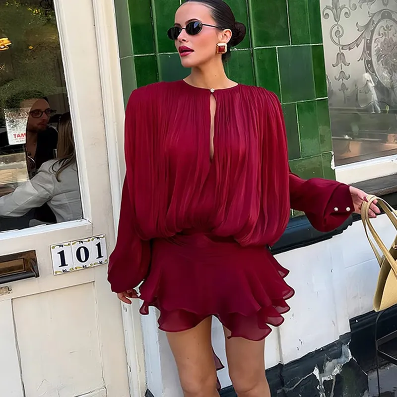Ticketsx Sommer Glänzende Schulter Dünne Plissee Mini Kleid Elegante Solide Rüschen Langarm Vestidos Dame Party Abendkleid