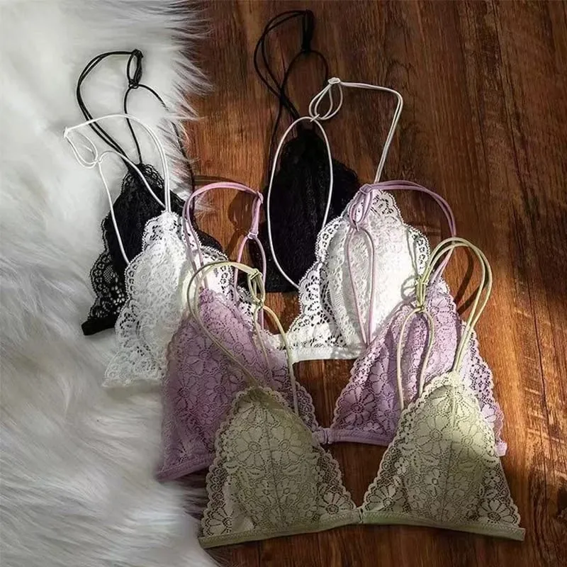 Reggiseno a triangolo sottile in pizzo sexy stile francese con bottone frontale Intimo senza fili da donna senza anello in acciaio Bellissimo reggiseno sulla schiena