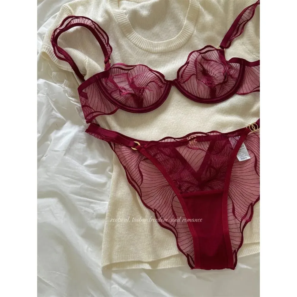 Romantic French Lace Bra Set Floral Embroidery Push Up Thin Cup Women Lingerie Bra & Panty Set Size 32-38AB セクシーな — image 4