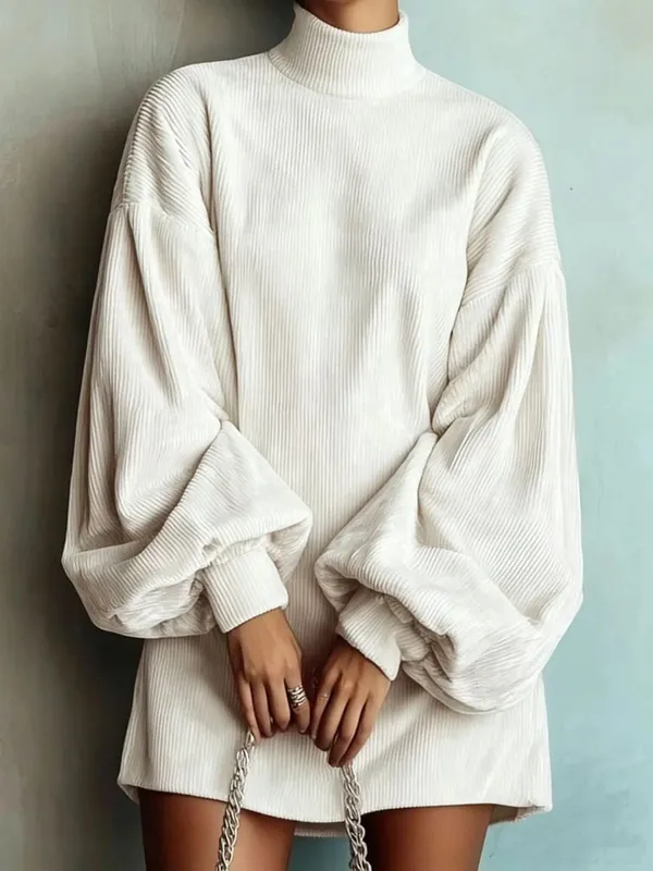 Women Corduroy Turtleneck Mini Dress Oversized Elegant Loose Lantern Sleeve Casual Dresses Autumn Winter Streetwear Short Dress — image 9