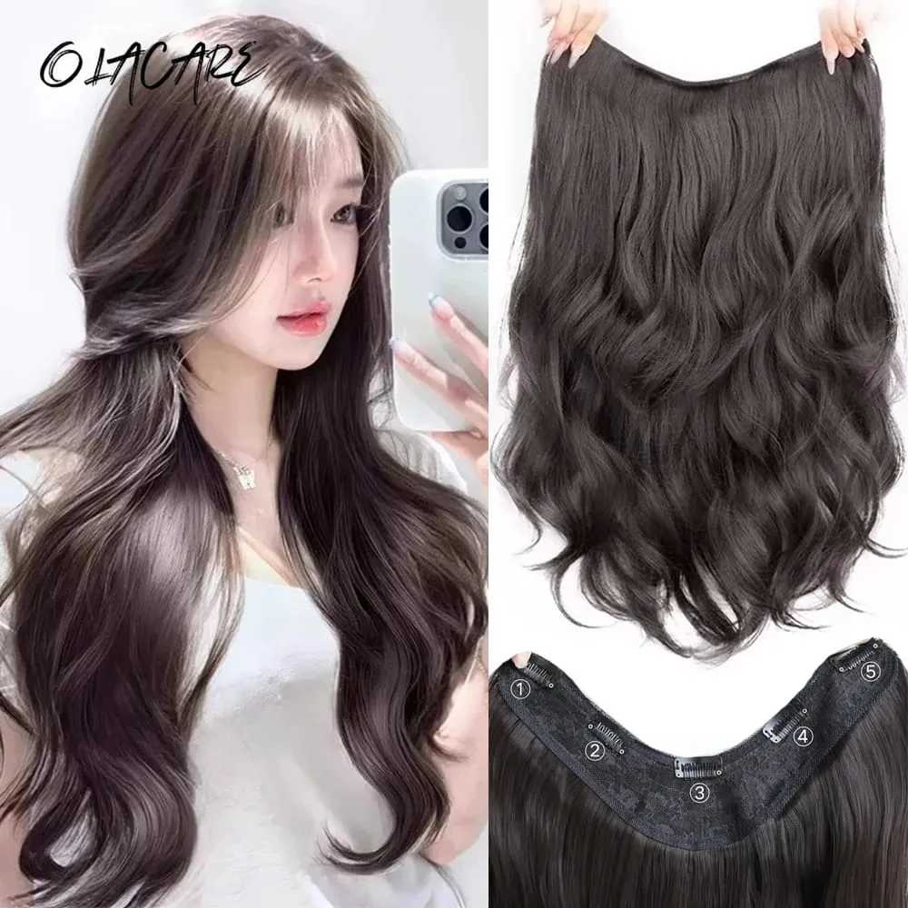 20Inch Synthetic Long Curly Wavy Layered V-Shaped Clip-in Hair Extension 4 Clip Heat Resistant Hairpiece for Women Daily Party — image 1