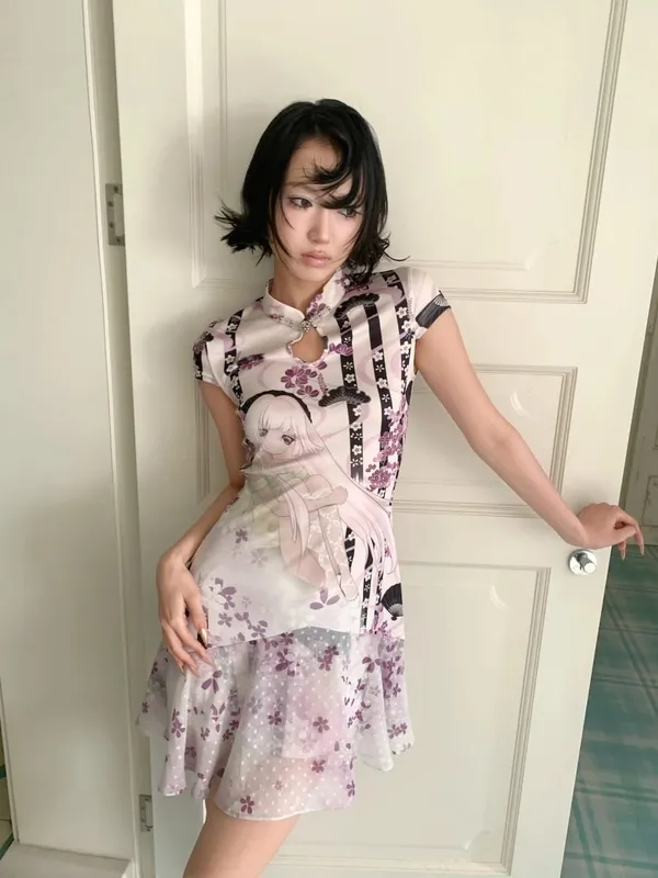 歐美潮流甜美酷女孩七分旗袍洋裝動漫花朵印花中式立領青蛙紐扣修身休閒裝