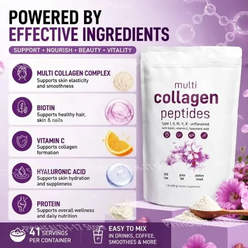 Bubuk Peptida Multi Kolagen Tipe I II III V dengan Biotin Vitamin C & Asam Hyaluronic Mendukung Kuku Rambut Kulit untuk Pria Wanita