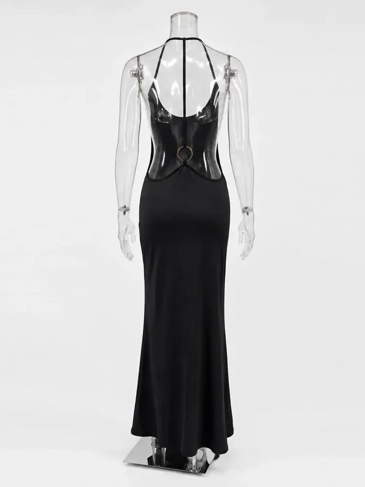 Tossy 女性ホルターバックレスボディコンマキシドレスオープンバックスパゲッティストラップゴールドリングイブニングパーティードレスサマービーチロングドレス
