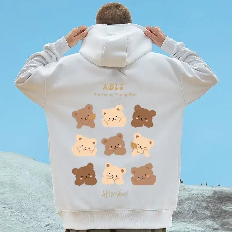 M-8XL Amerikaanse stijl straatbruin schattige beer print oversized hoodie paar hoodie grote zachte fluwelen trui met capuchon voor studenten