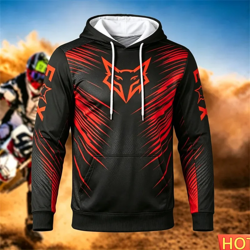 Autumn/Winter Men's Racing Hoodie Outdoor Cycling Hooded Pullover Fox Pattern Pocket Hoodie Sports Motorcycle Hooded Sweatshirts — image 6