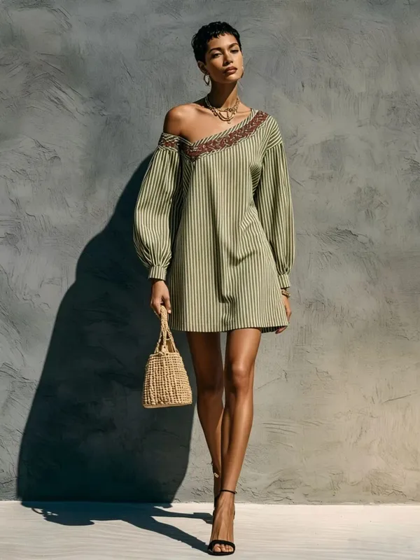 Loose Simple Dress With Stripes Fashionable Autumn Winter Street Style Long Sleeved Embroidered Shoulder Length Short Dresses — image 2