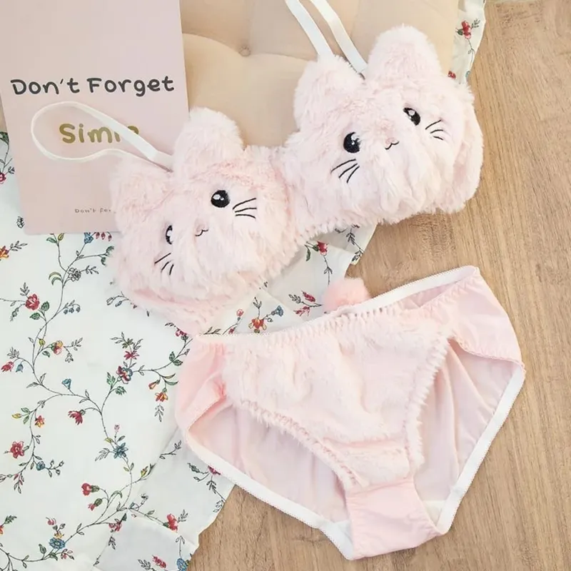 Cute Women Lingerie Set Wire-Free Cartoon Cat Winter Bra & Brief Sets Soft Girl Warm Underwear Panties Suit Winter — image 8