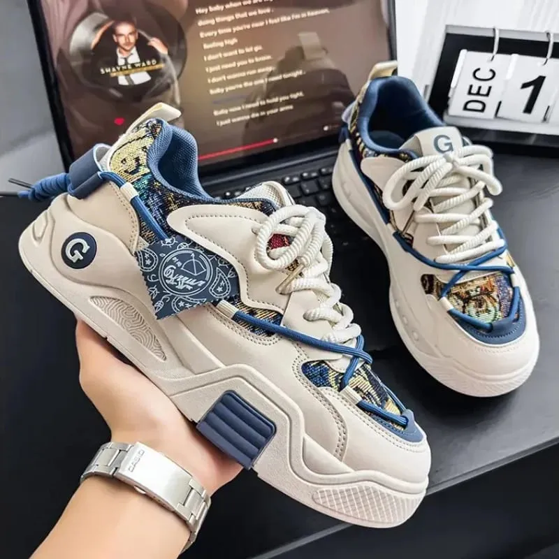 Spring Summer Men Sneakers Chunky Sole Casual Shoes Retro Color Block Graphic Print Lace Up Thick Flat Platform Footwear — image 7