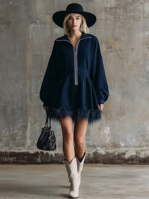 Fashion Dress Autumn Winter Casual Solid Color Simple Street Style Long Sleeved Zipper V-neck Feather Edge Cinched Waist Dresses