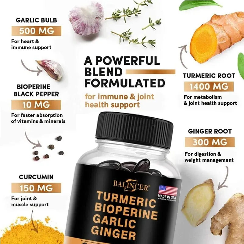 Tambahan Halia Kunyit dengan Piperine 2360 Mg dengan Bawang Putih Keselesaan Penghadaman & Kekebalan Nutrisi Tambahan Kalsium Bebas Gluten — image 2