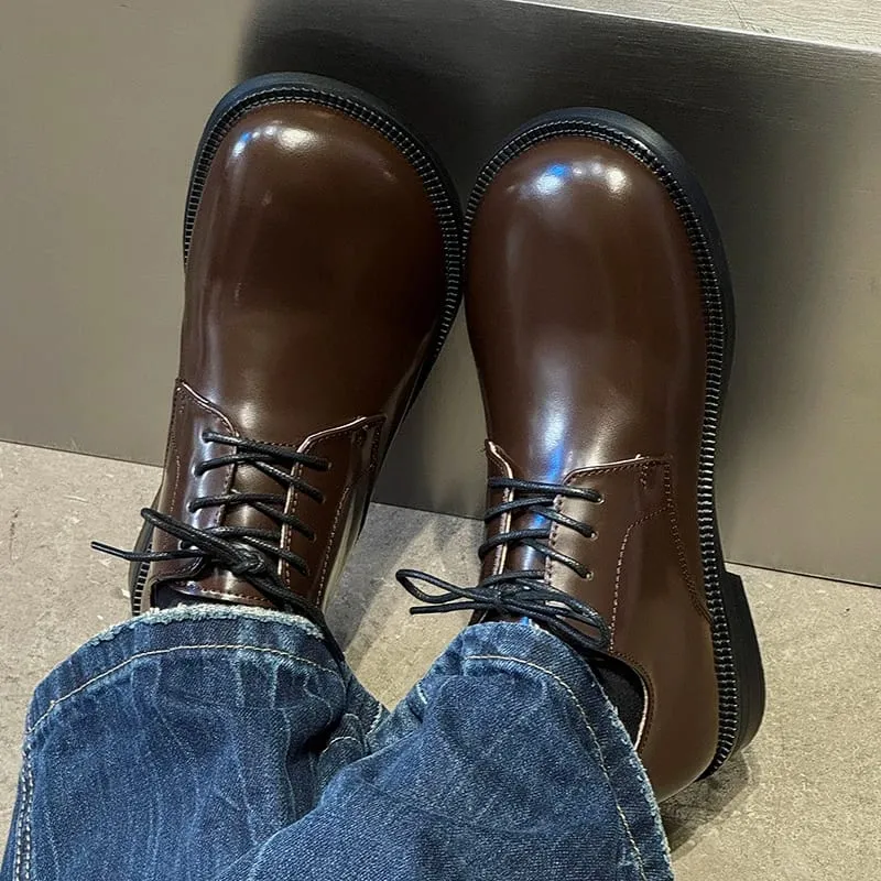 Men Round Toe Lace Up Derby Shoes Retro Simple Non Slip Breathable Comfortable Fashionable Commuting Shoes — image 4