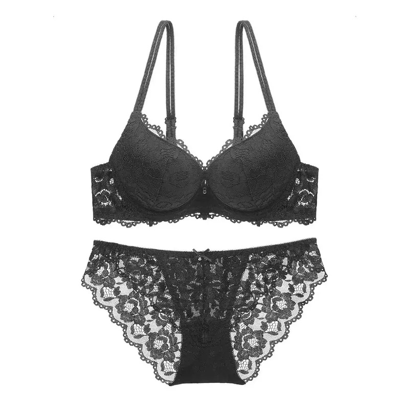 Fashion Mesh Lace Flower Bra Low Waist Non Slip Push Up Bra Women Lingerie Bowknot Seamless Underwear Set Summer