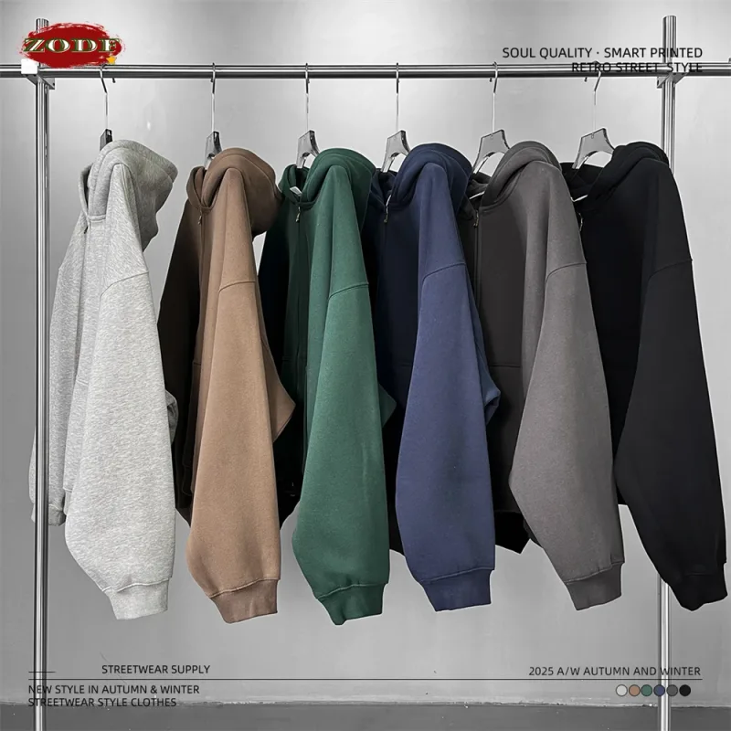 Trendy 2025 Winter Man Solid Fleece Boxy Hoodies Unisex 350gsm Double Head Zipper Hooded Sweatshirts Coat HY1122