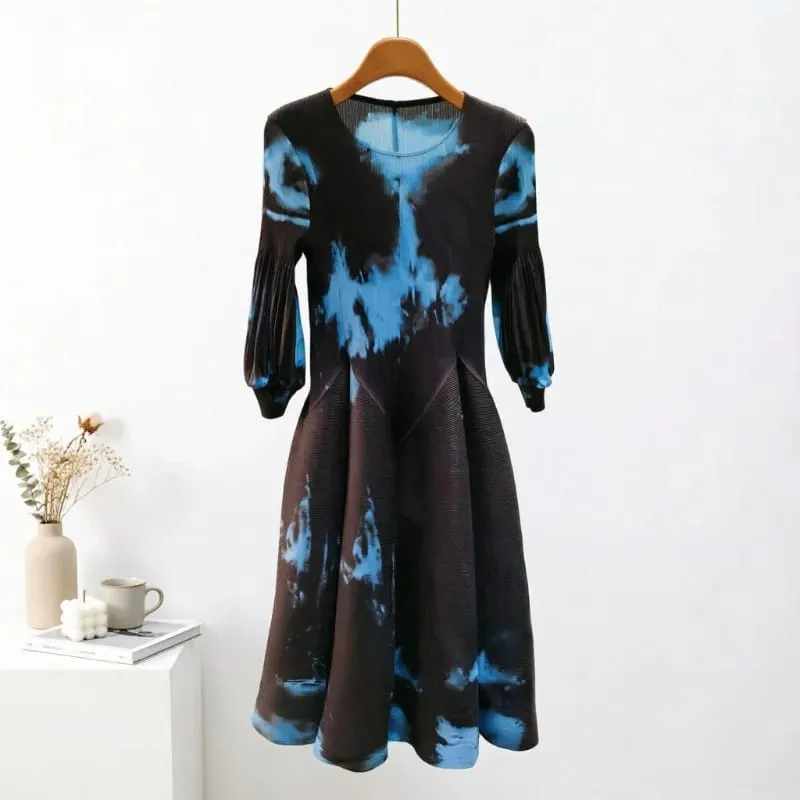 Miyake Plissee Kleider 2026 Herbst Neue Sanfte Französisch Druck Elegante Stretch Plus Größe frauen Langarm Bounce Blume Knospe kleid