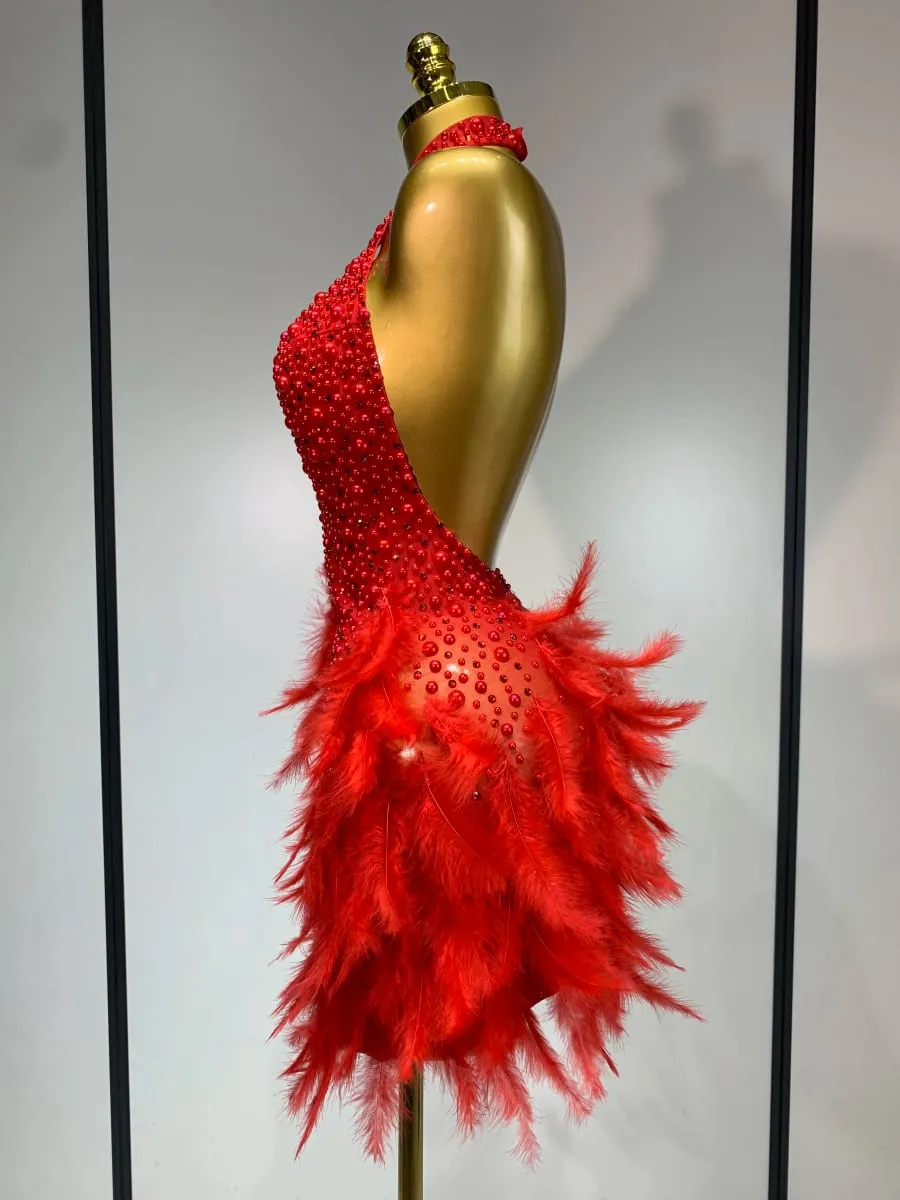 Luxury Rhinestones Pearls Halter Backless Short Feathers Dress Women Sexy Celebrate Birthday Dress Performance Dance Costume — image 3