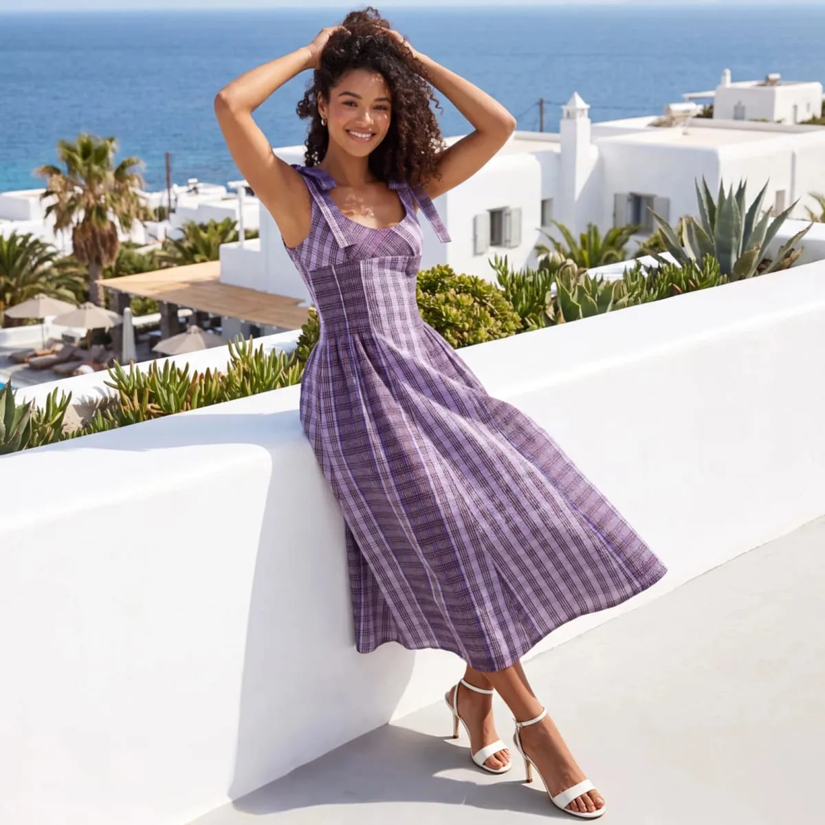 Women Summer Sleeveless Dress Striped Print Tie up Strap Backless A-Line Dresses with Pockets for Beach Vacation Party — image 2
