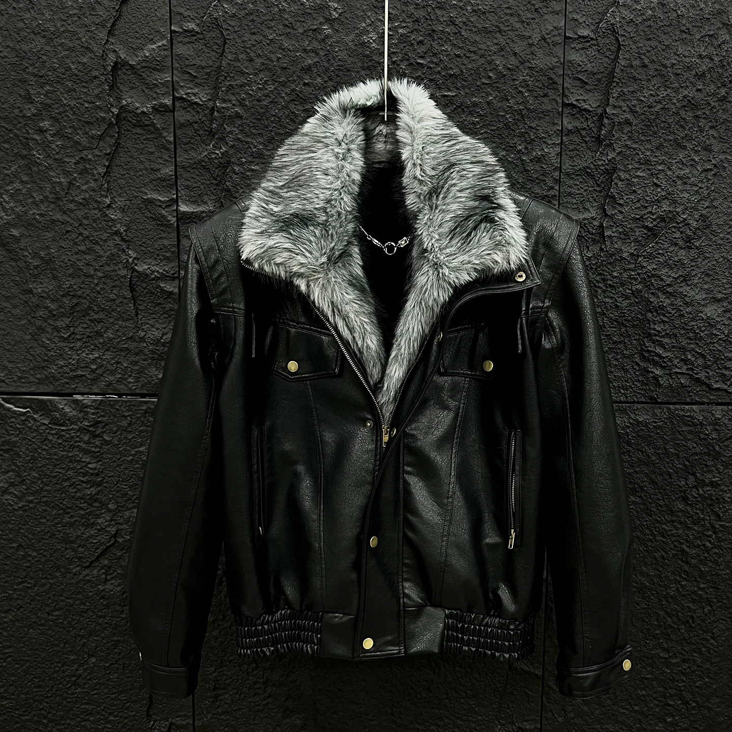 Techwear Style Detachable Faux Fur Collar Leather Jackets Man Winter Warmer Motorcycle Vintage Punk Leather Coat