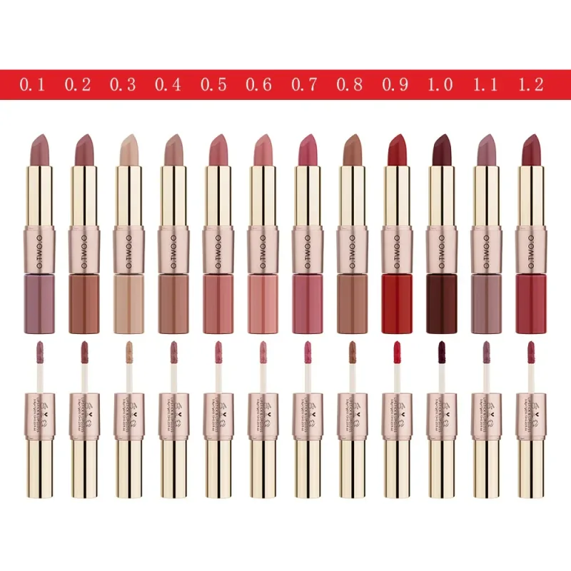 O.TWO.O 2 en 1 Lápiz labial Mate Brillo de labios Cosméticos Pintalabios impermeables Batom Mate Labios Maquillaje Colorete 12 colores Lápiz labial