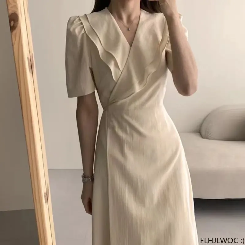 Südkorea Chic Midi Kleid Frauen Sommer Japan Stil Retro Vintage Design Rüschen Rosa Einteiliges Spitze-Up Kleid FLHJLWOC Vestidos — image 3