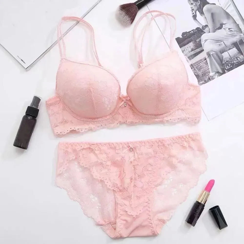 Sweet Mesh Lace Flower Bra Low Waist Bowknot Push Up Bra Women Lingerie Non Slip Seamless Underwear Set Beach
