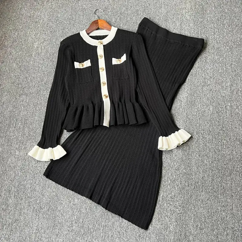 YuooMuoo marca de moda de una pieza de punto Maxi Vestido de mujer elegante con cuello en V con volantes cintura delgada ceñido al cuerpo suéter Vestido de fiesta