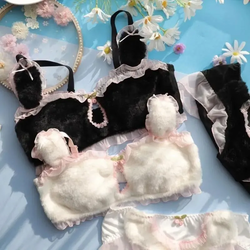 Women Cartoon Rabbit Ears Lingerie Furry Plush Cutout Bra and Panty Underwear Set — image 6