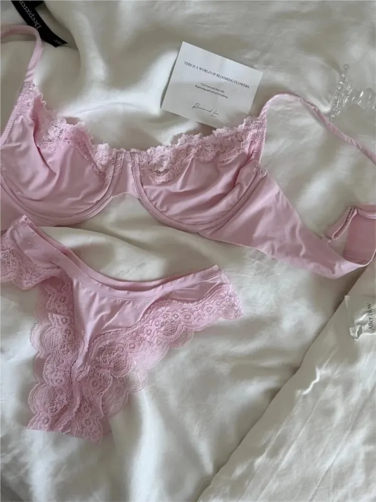 Set Bra Cawan Penuh Tanpa Garis Merah Jambu Berdawai Berdawai Lace Trim Lift Selesa Minimalis Seamless Mesra Kulit Coli Setiap Hari dan Seluar Dalam — image 1