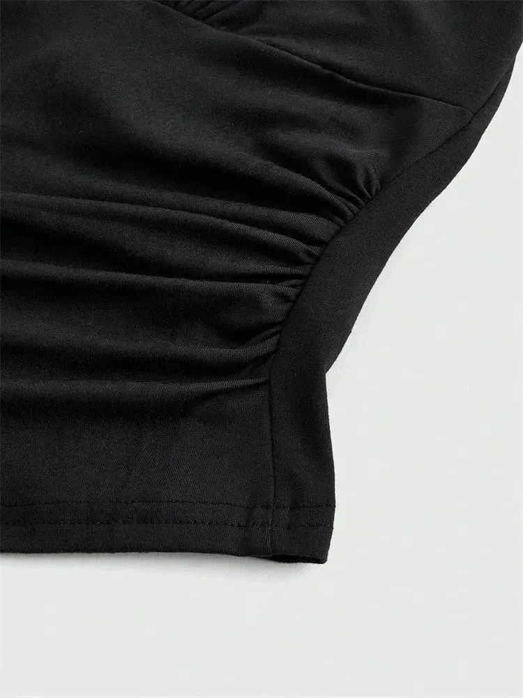 Áo crop top hở lưng cổ chữ V chắc chắn cho nữ mùa hè gợi cảm Y2K không tay xếp nếp hàng đầu dạo phố