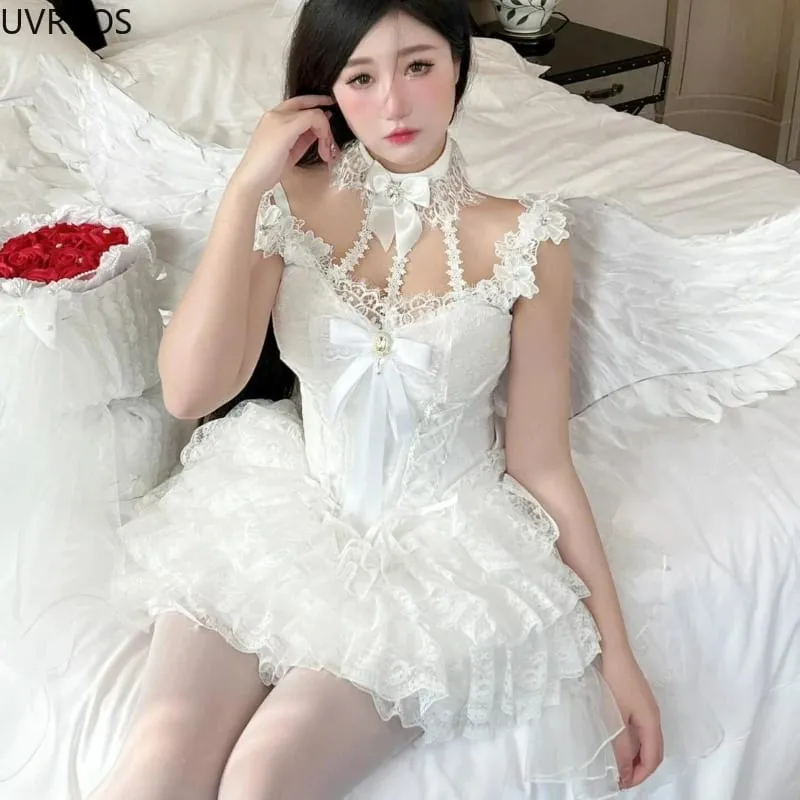 일본 빅토리아 스위트 로리타 드레스 여성 하라주쿠 Y2k 보우 레이스 홀터넥 넥 이브닝 파티 미니 드레스 카와이 블랙 레드 Deess — image 7
