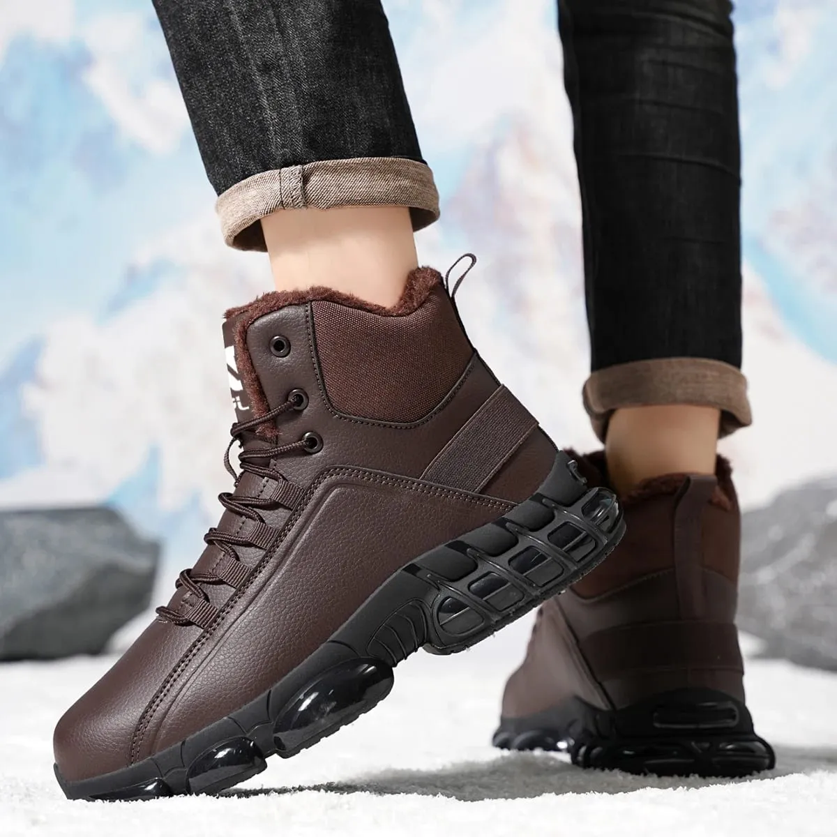 Men Autumn Winter High‑Top Fleece‑Lined Snow Boots Warm Casual Sneakers Non‑Slip Outsole for Hiking Outdoor Snow‑Day Activities
