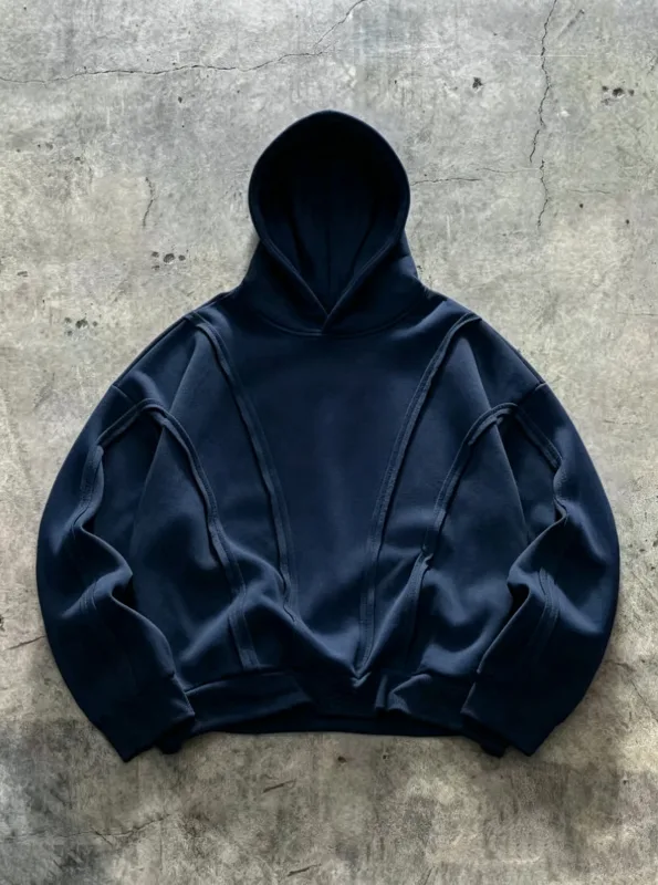 Striped solidcolor mens hooded sweatshirt with fleece forwarmth. Fashionable street casual loosefitting casual sweater with hood — image 5