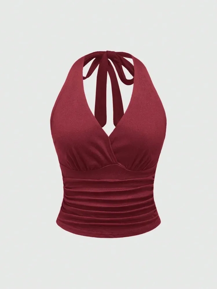 Áo crop top hở lưng cổ chữ V chắc chắn cho nữ mùa hè gợi cảm Y2K không tay xếp nếp hàng đầu dạo phố