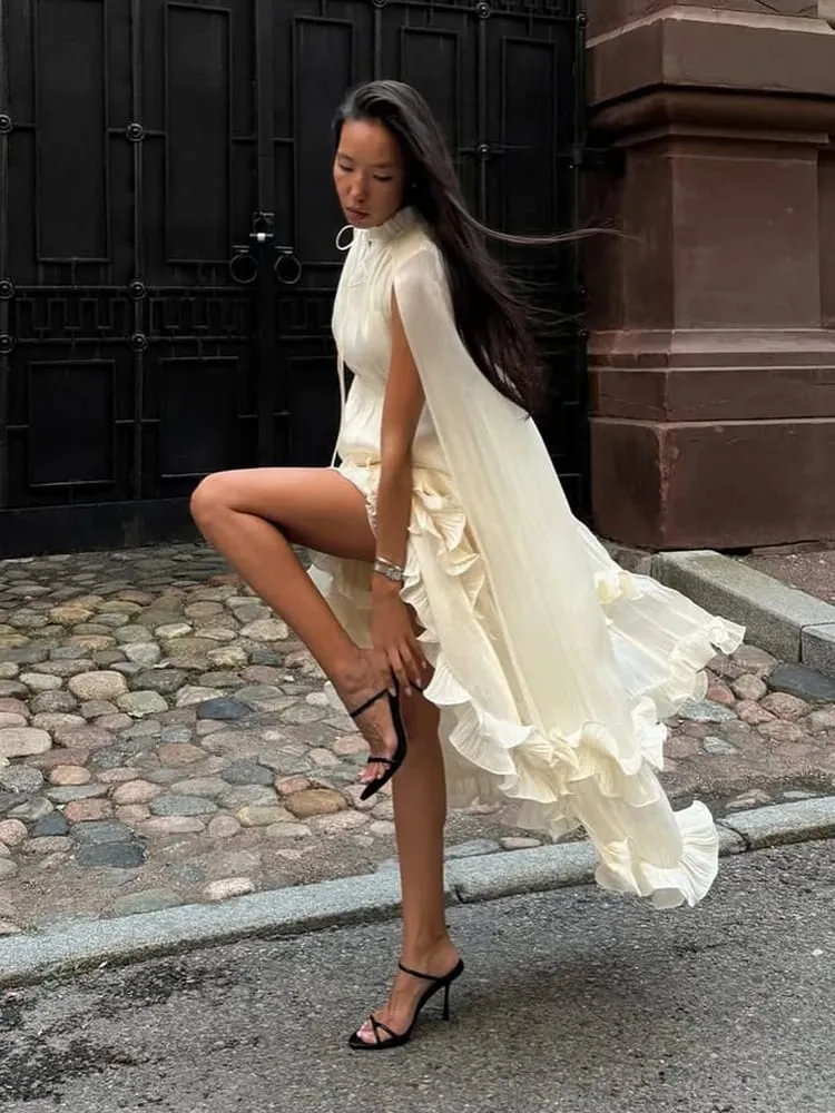Stunning Shiny Ruffles Lace Up Mini Dress Chic Allentato Scava Fuori A-line Pieghettato Abiti Lady Summer Party Gowns 2026 Spring New