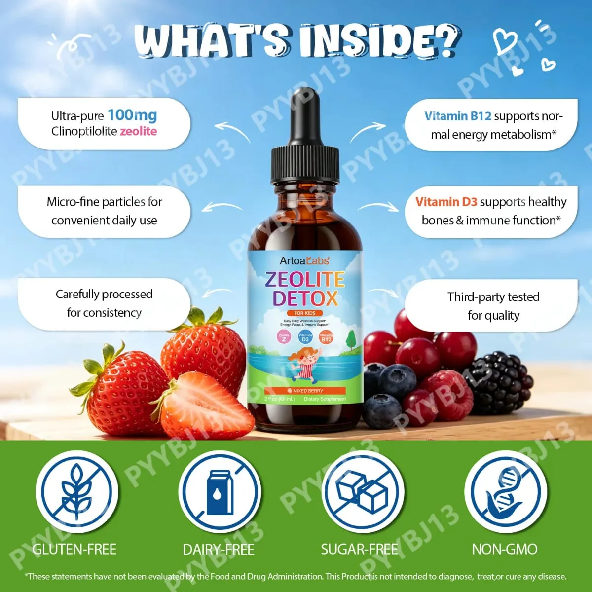 ArtoaLabs Sugar Free Vegan Zeolite Detox Oral Liquid Supplements Zeolite Detox Drops for Kids Energy Daily Wellness Support