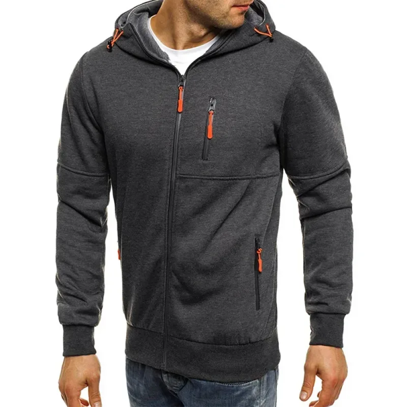 Men's Grey Hooded Sweatshirt Full Zipper Casual Sportswear with Pockets Orange Drawstring plus Size Available — image 15